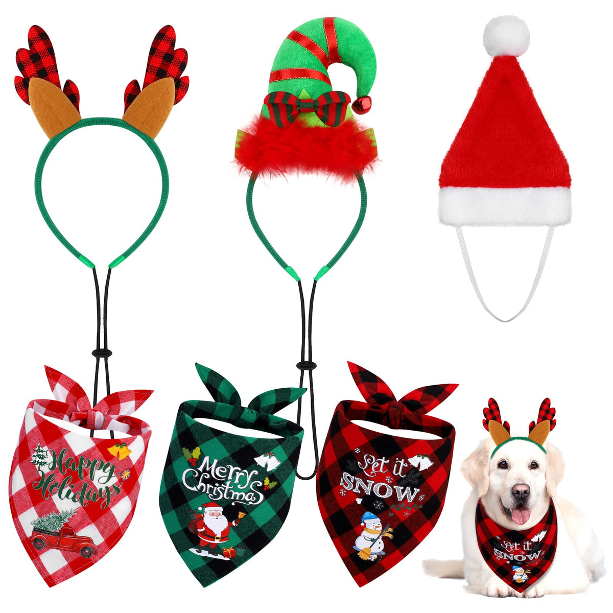 Pedgot 6 Pack Pet Costume Accessories Christmas Classic Buffalo Plaid Pet Scarf Pet Xmas Reindeer Antlers Headband with Ears Adjustable Xmas Dog Santa Hat for Pet Decor